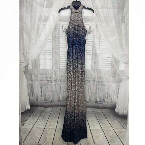 Betsy & Adam Size 2 Long Dress Gown Ombre Sequins Mock Neck Sleeveless Blue - Picture 4 of 14